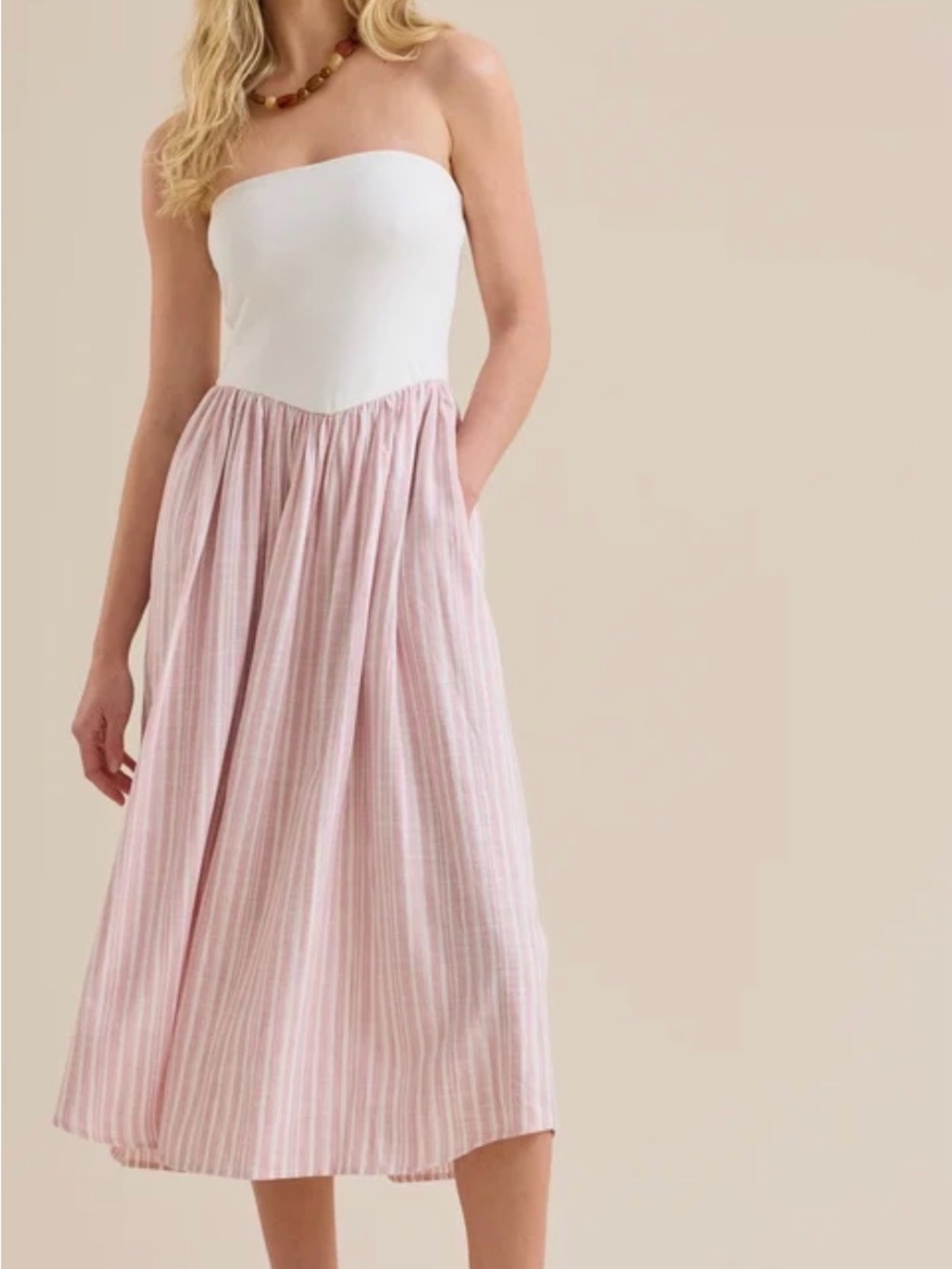 Strapless White Bodice with Pink Stripe Midi Dress